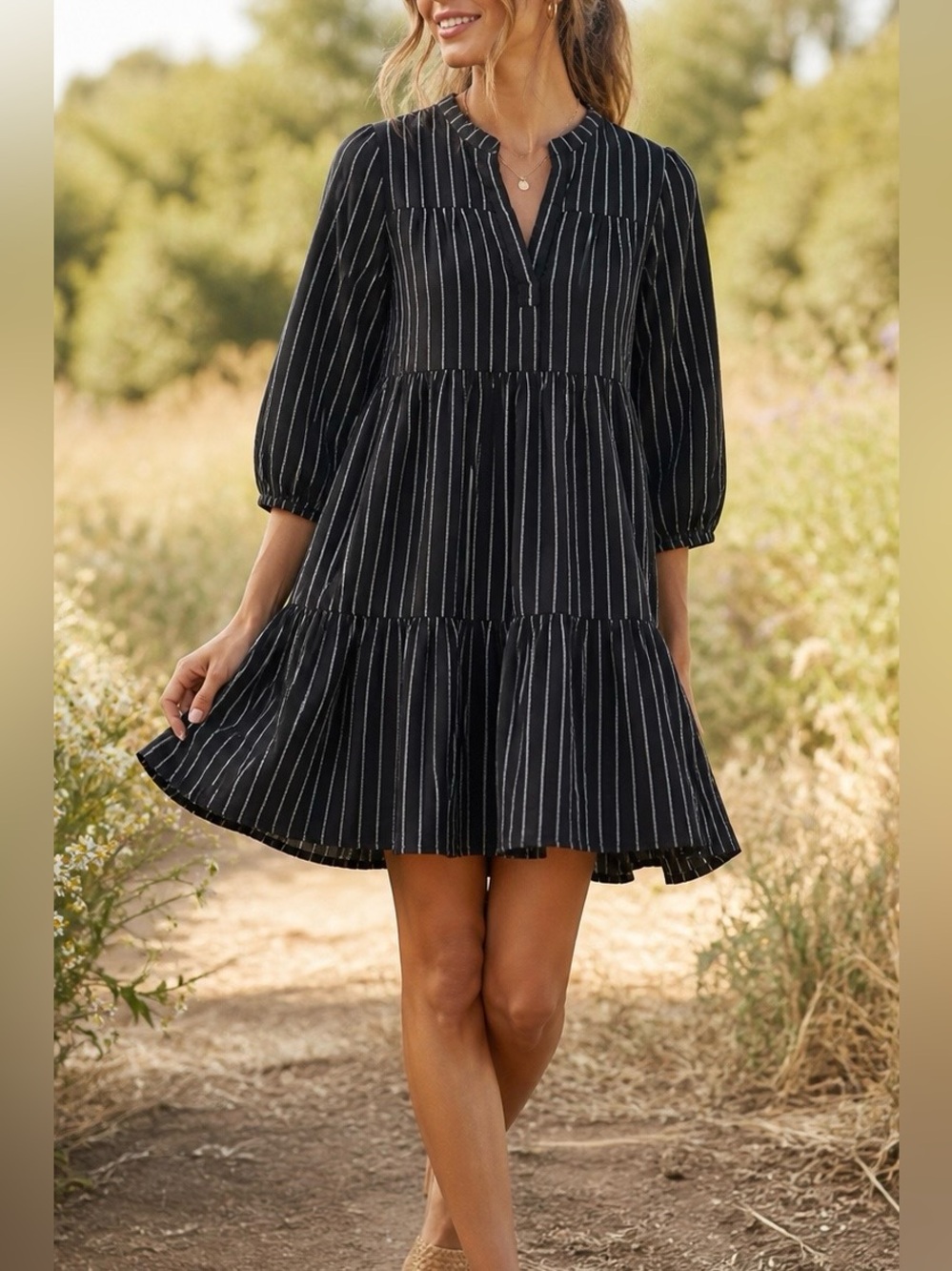 Madison Matthew’s XS Black Stripe Tiered Cotton Babydoll Dress Boho Cottagecore